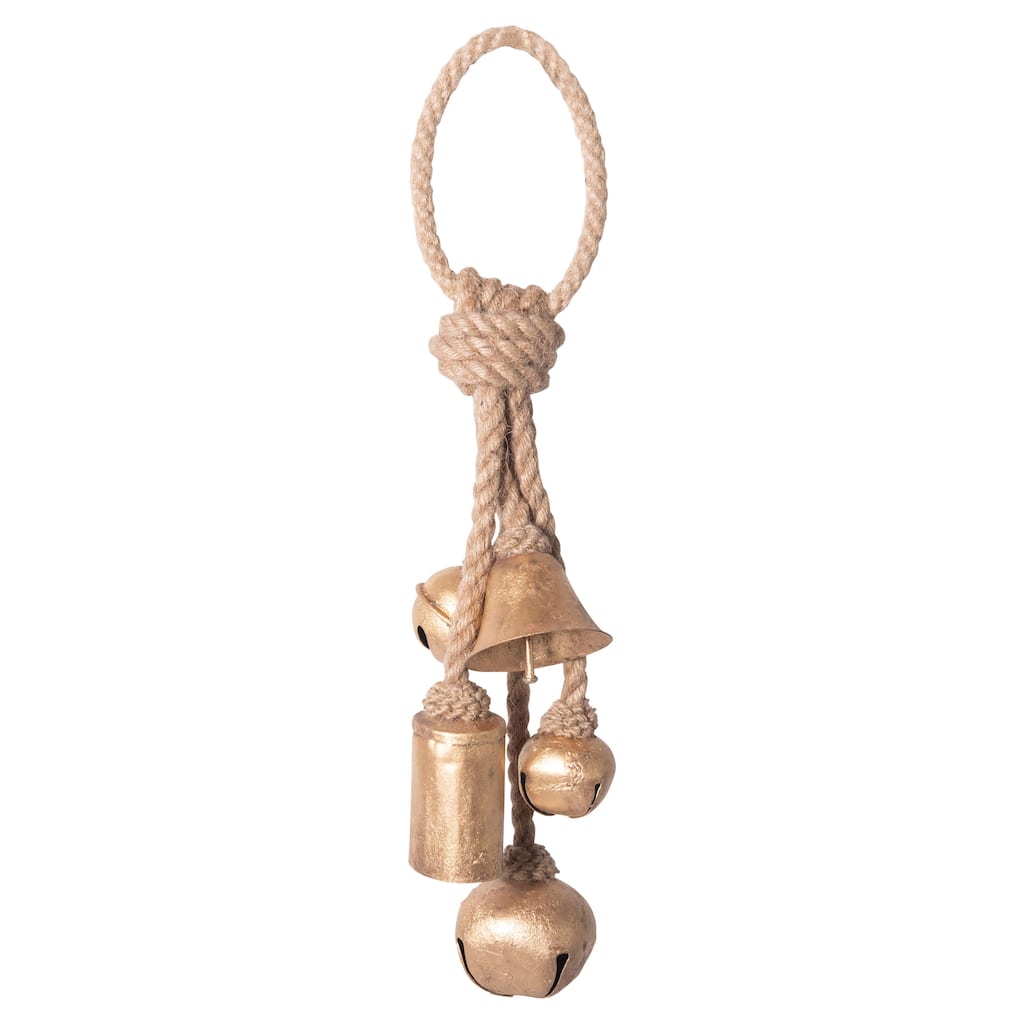Decorative Metal Bells in Various Shapes on Jute Rope Hanger - Gold