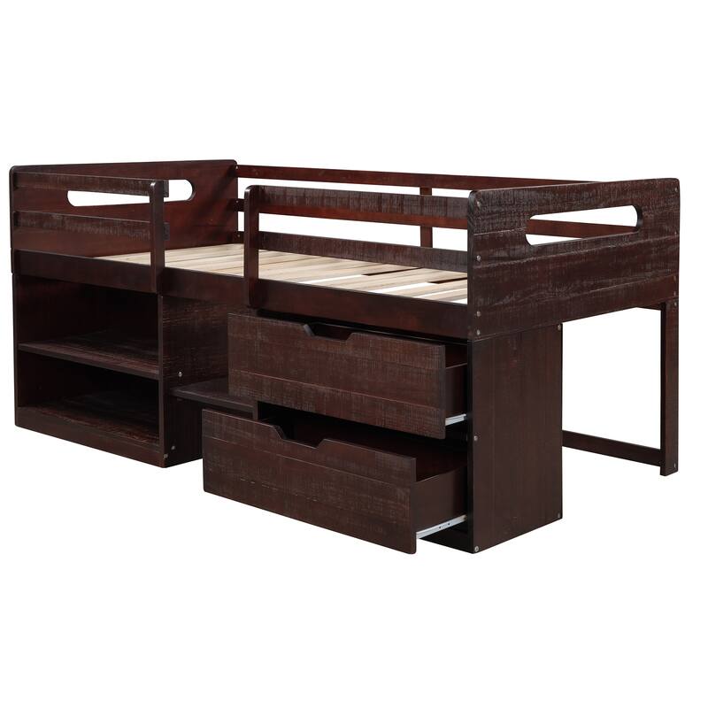 Twin Solid Pine Loft Bed with Shelves, Drawers, and Guardrail