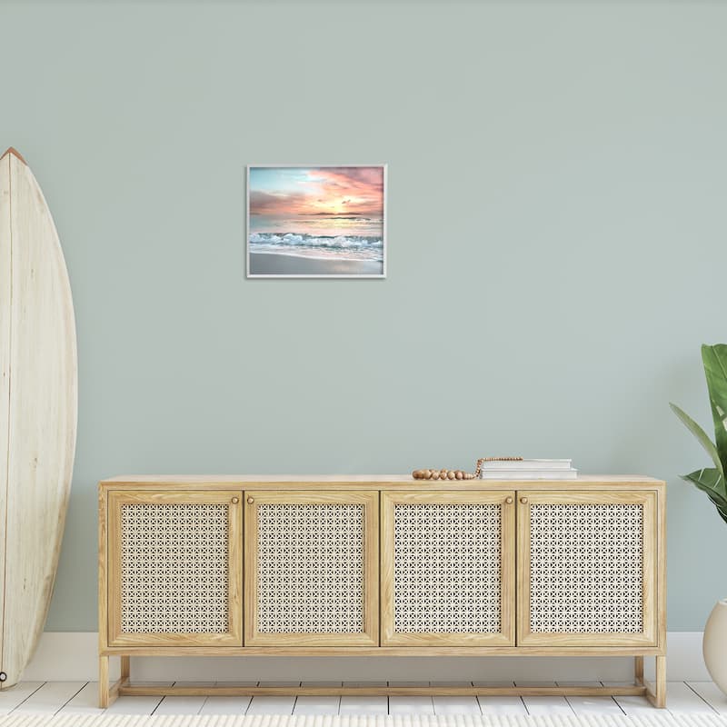 Stupell Morning Sunrise Beach Landscape Distant Mountains Rolling Tide Framed Wall Art