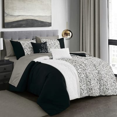 9 Piece Bed-in-a-Bag Black White Floral Soft Bedding Comforter Set