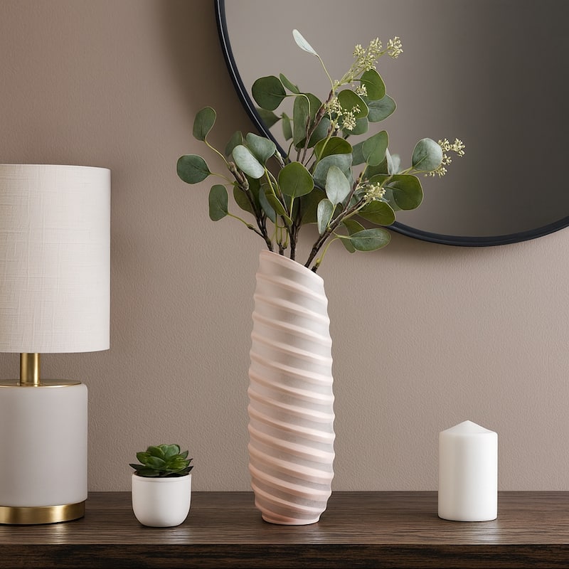 Carved Glass Modern Table Vase with Ribbed Silhouette - Ivory