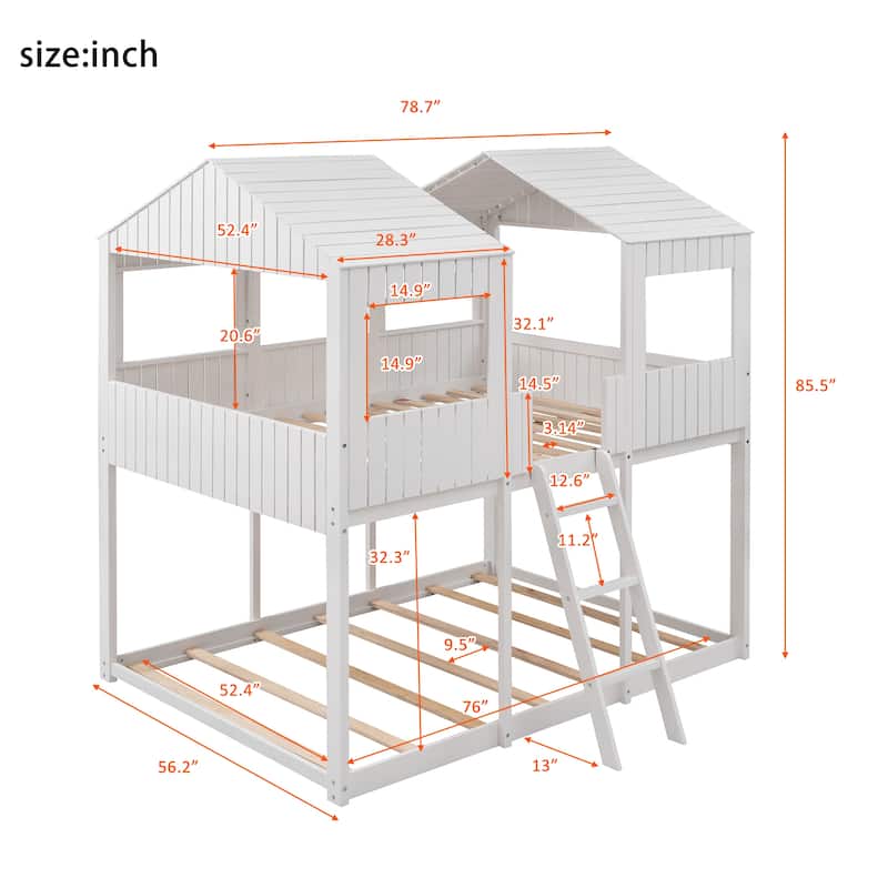 Full Over Full Wood Bunk Bed with Roof and Window, Guardrails and Ladder, House Style Frame for Kids
