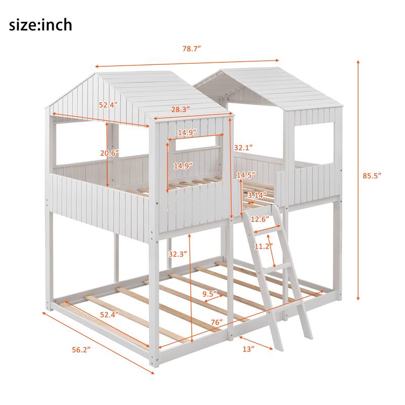 Sturdy Full Over Full Wood Bunk Bed with Playhouse Roof and Guardrails, 400lbs Capacity