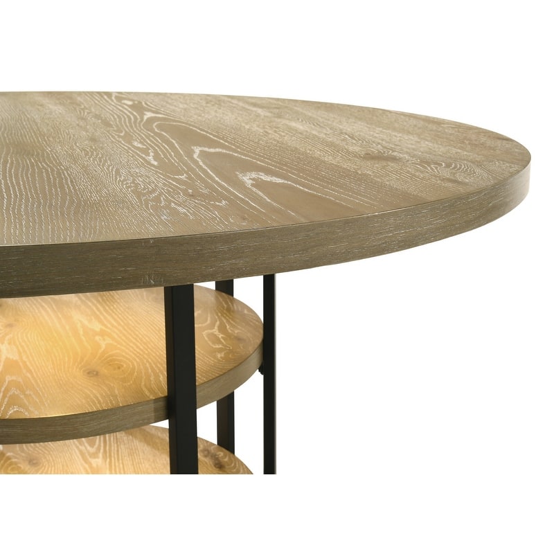 Eden 7Pc 59" Round Rustic Oak Dining Set with LED Light, Black Metal Table Frame, Shelves, Beige Linen Chairs