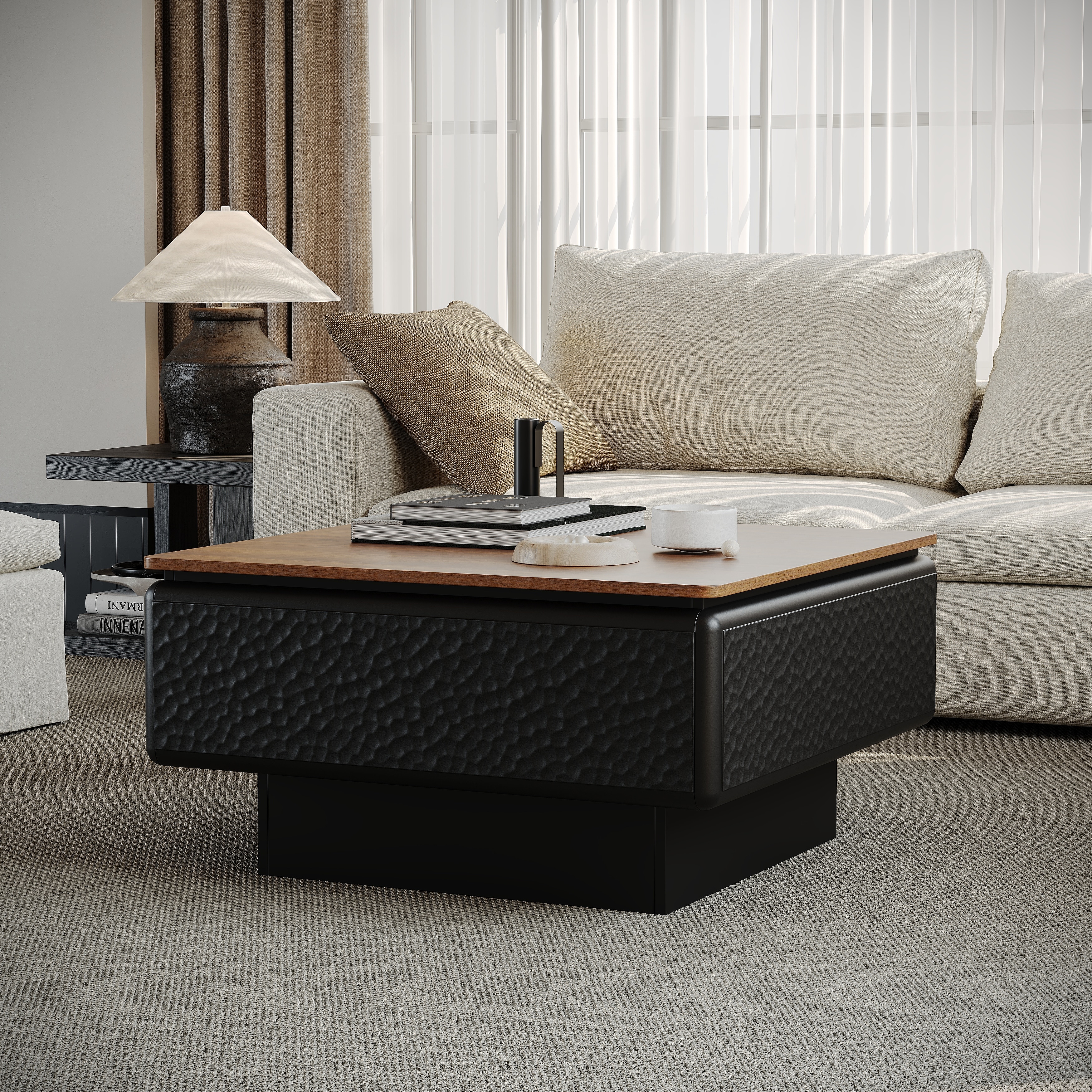 Mid Century Modern MDF Lift Top Coffee Table with Hidden Storage and Floating Design Black Brown by GDFStudio