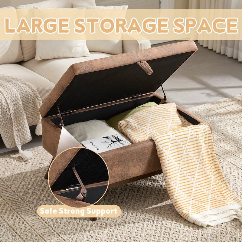 Mid-Century Modern Storage Ottoman, Square Upholstered Coffee Table, Shoe Bench with Hidden Storage & Wood Legs - Coffee