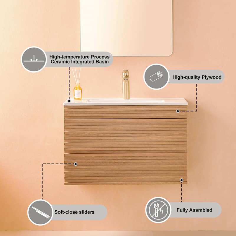 Modland 30" Wall Mount Bathroom Vanity with Ceramic Sink - 2 Soft-Close Drawers, Silk Mist Oak - 30 inch
