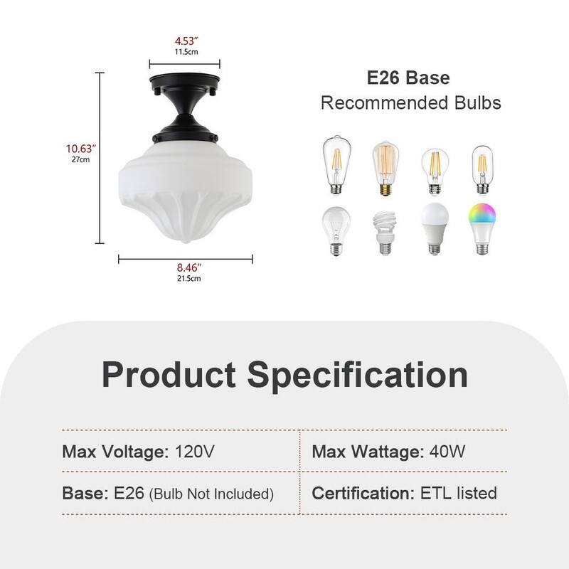 1-Light Matte Black Semi-Flush Mount Ceiling Light with Frosted White Glass Shade