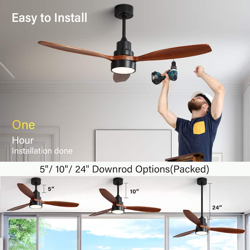 52" Farmhouse Style Wood Walnut Ceiling Fan With Lights and Remote Control, Dimmable LED Optional