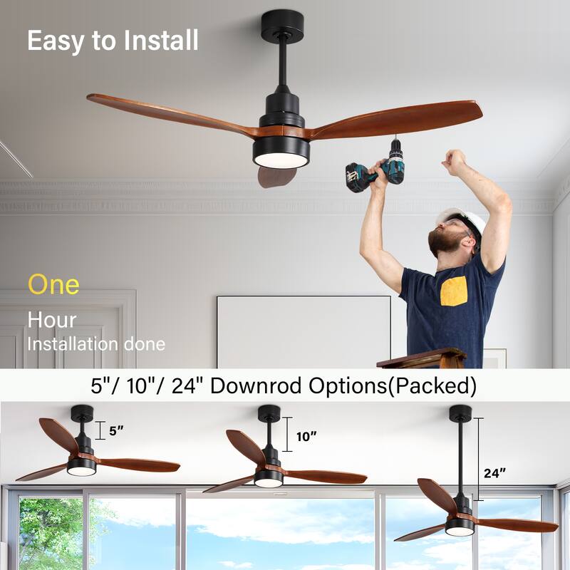 Sofucor 52" Indoor Wood Ceiling Fan Light with Remote, Integrated Light Optional