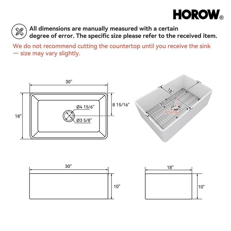 HOROW 30 in. Farmhouse/Apron-Front Single Bowl White Fireclay Kitchen Sink with Bottom Grid and Strainer
