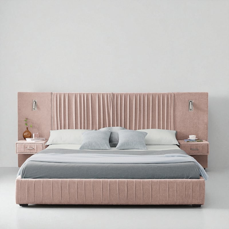 Queen Upholstered Platform Bed with Pleated Chenille Headboard, Built-in Bedside Table & Adjustable Lamps, No Box Spring