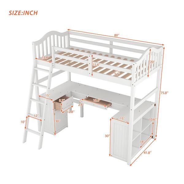 Twin Size Loft Bed with U-shaped Desk, Drawers, Cabinet, Shelves, Ladder and Guardrails - White Wooden Storage Bed Frame