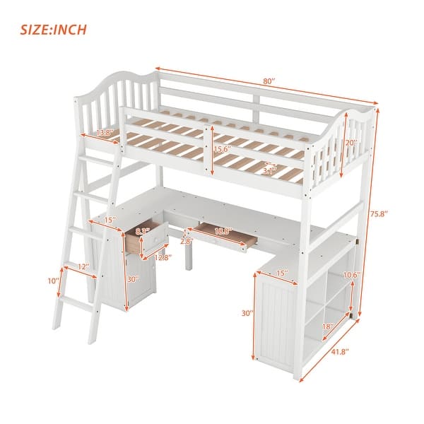 dimension image slide 0 of 3, Wooden Twin Size Loft Bed Frame with U-shaped Desk, Drawers, Cabinet, Storage Shelves, Ladder and Guardrails for Kids, Teens