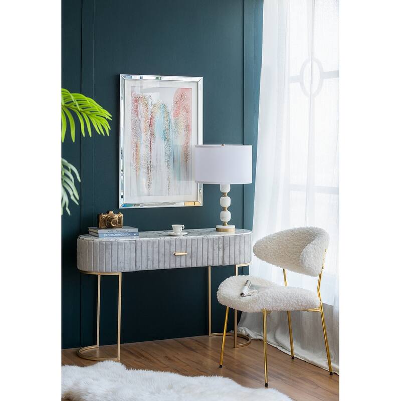 Marble Table Lamp with Fabric Drum Shade and Brass Finial Modern Vintage Style