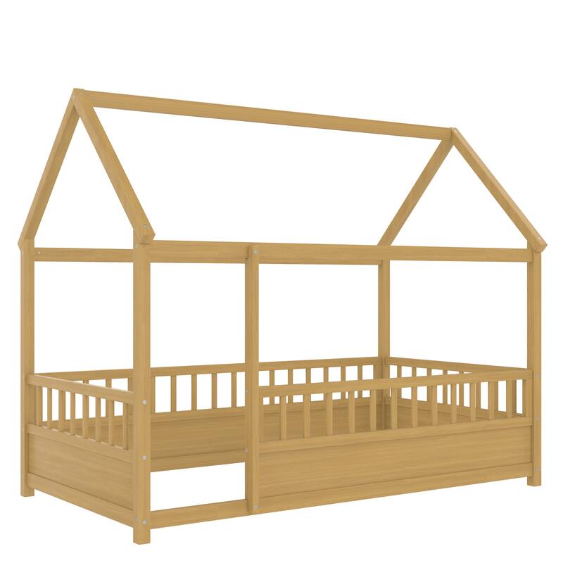 Wooden Floor Bed with House Roof Frame & Fence Guardrails - Kids Safe Bed, Cute House Design, Solid Wood Construction