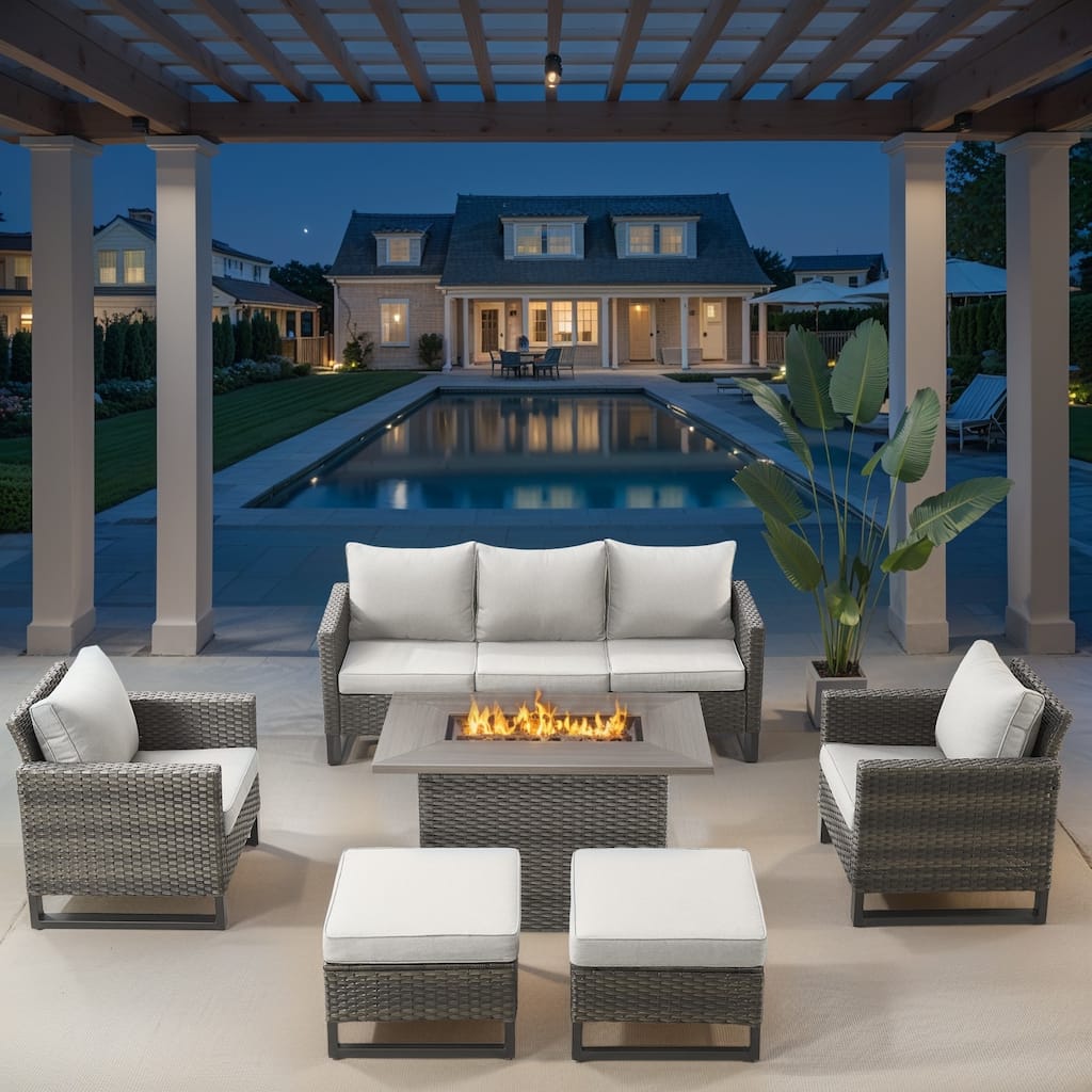 Outdoor Grey Rattan Sofa Chair set with Fire Table - Beige cushion