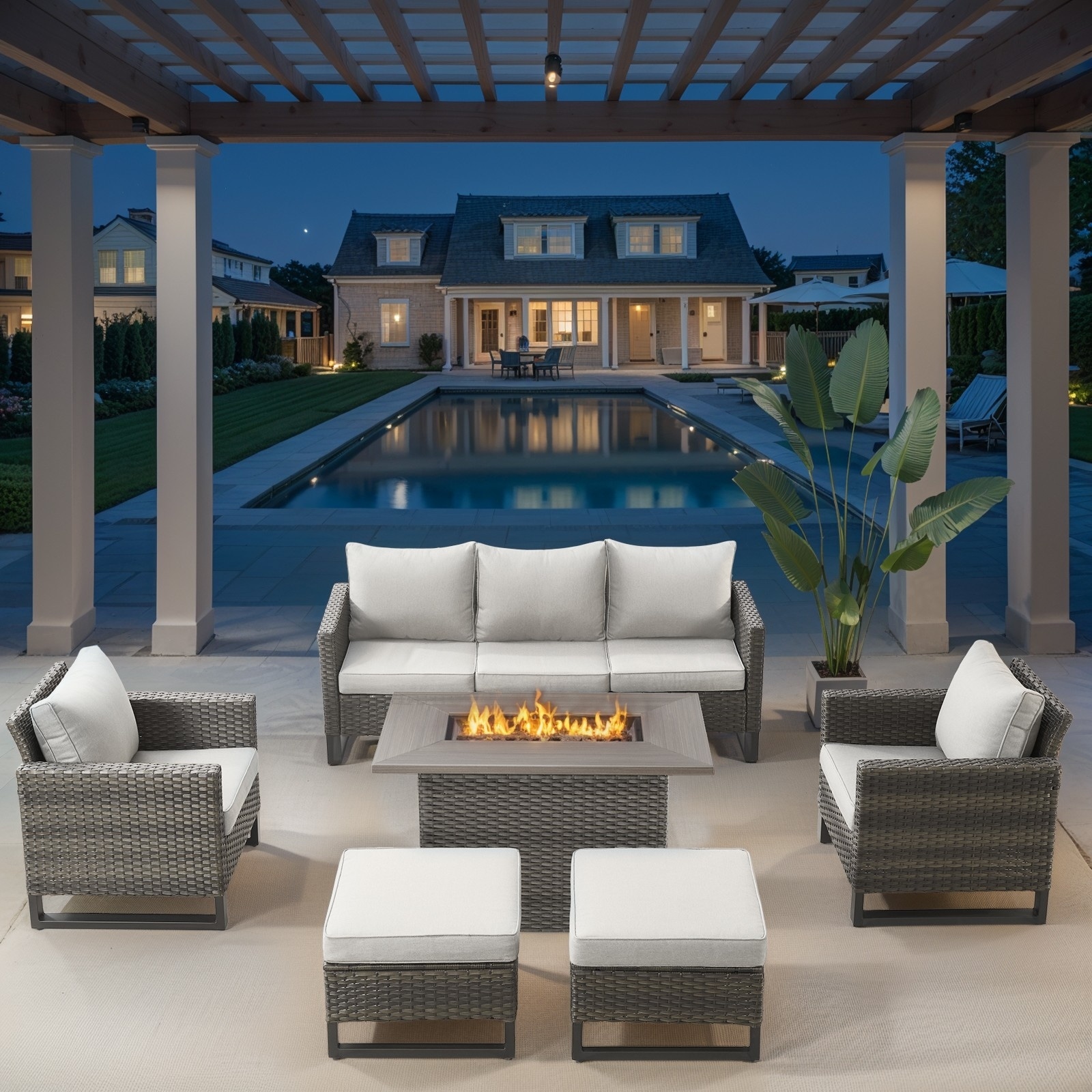 Outdoor Grey Rattan Sofa Chair set with Fire Table - Beige cushion