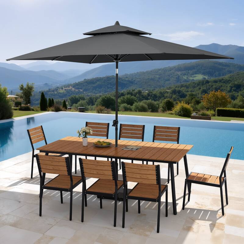 11PC Outdoor Patio Dining Set Aluminum Table with Stackable Chairs w/ Premium Market Umbrella Sets - BrownTable&BrownChairs&BlackUmbrella