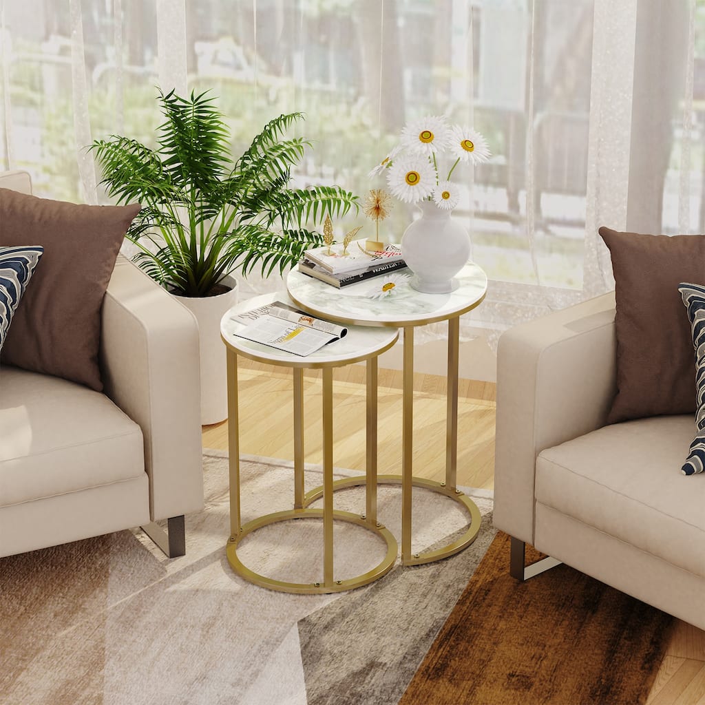 Round Nesting End Table Set Iron and Marble Accent Table - 15.7x21.5 inch & 13.7x19.7 inch