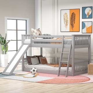 Floor Bunk Bed with Convertible Slide and Ladder, Wood Bunk Bedframe with Full-Length Guardrail Space-saving Low Bunk Bed