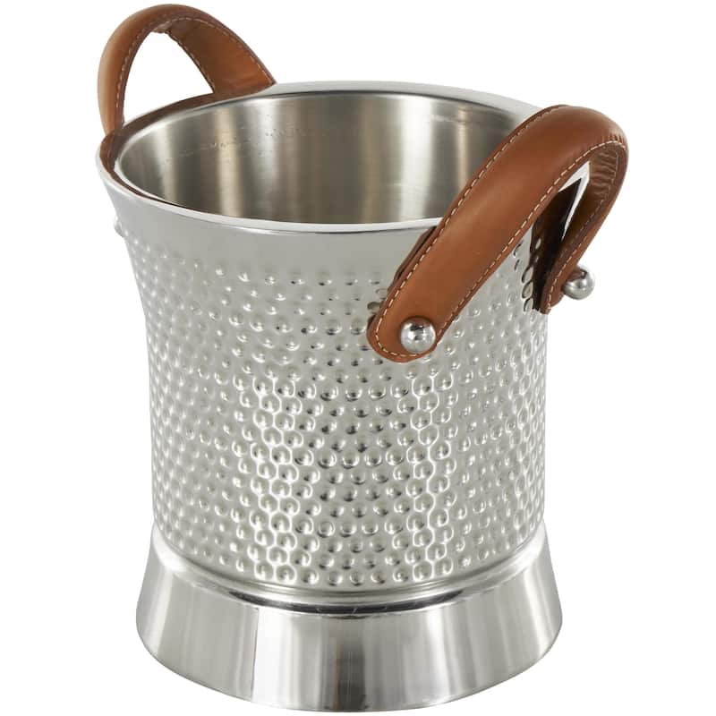 Stainless Steel Metal Hammered Ice Bucket with Brown Leather Handles - Silver - Roche River Decor - 9"W x 12"L x 11"H