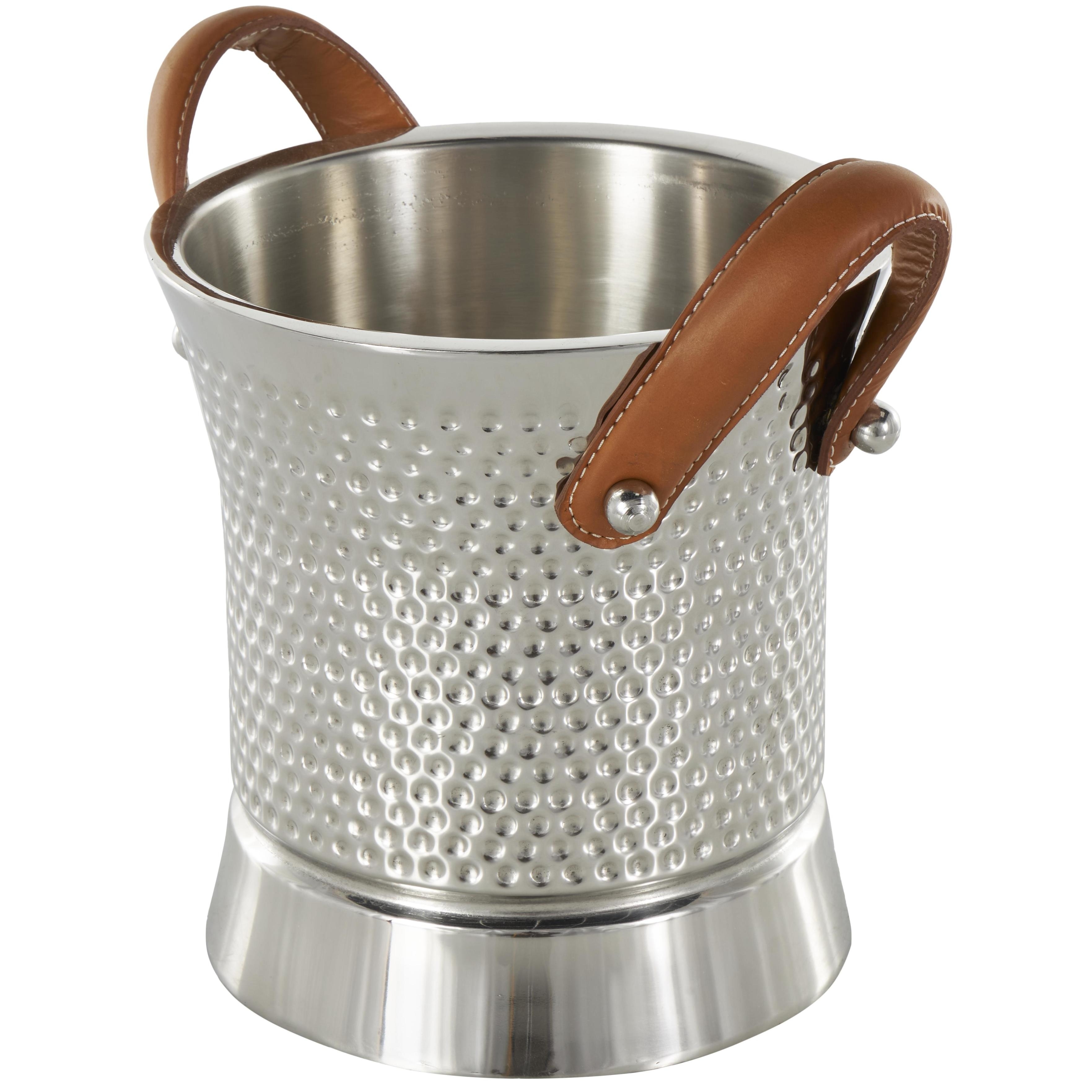 Stainless Steel Metal Hammered Ice Bucket with Brown Leather Handles - Silver - Roche River Decor - 9"W x 12"L x 11"H