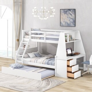 Contemporary Style Twin over Full Bunk Bed with Trundle and Ladder,Built-in Desk with Storage Drawers and Shelf