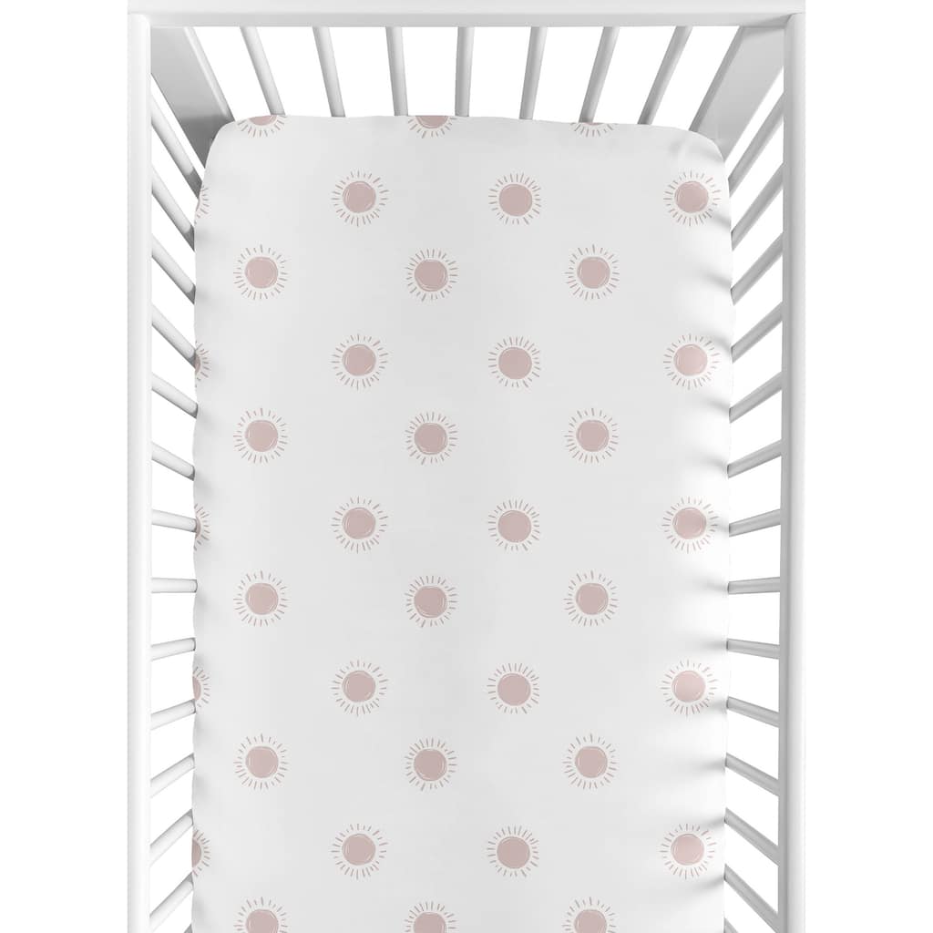 White Pink Boho Sun Collection Girl Fitted Crib Sheet - Mauve Dusty Rose Bohemian Celestial Sky Desert Sunshine Outdoors Nature