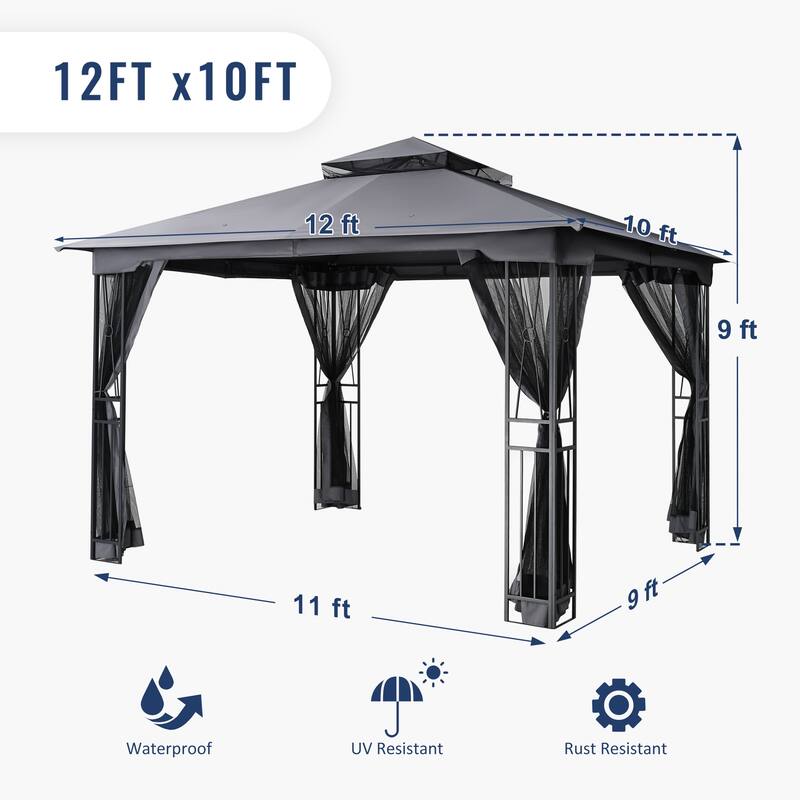 12 Ft. X 10 Ft. Soft Double Roof Patio Gazebo With Mosquito Net