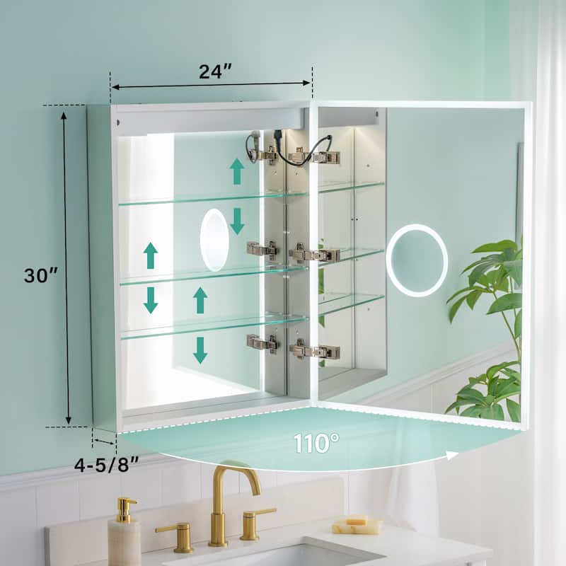 30'' H Recessed or Surface Frameless LED Mirror Cabinet With Defogger, Dimmer, Outlets & USB Ports 