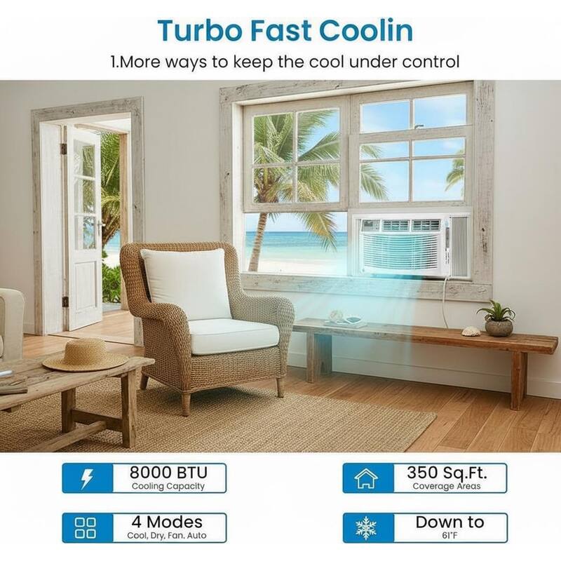 8000 BTU Window Air Conditioner, Fast Cooling to 350 Sq.Ft.，WiFi & Remote