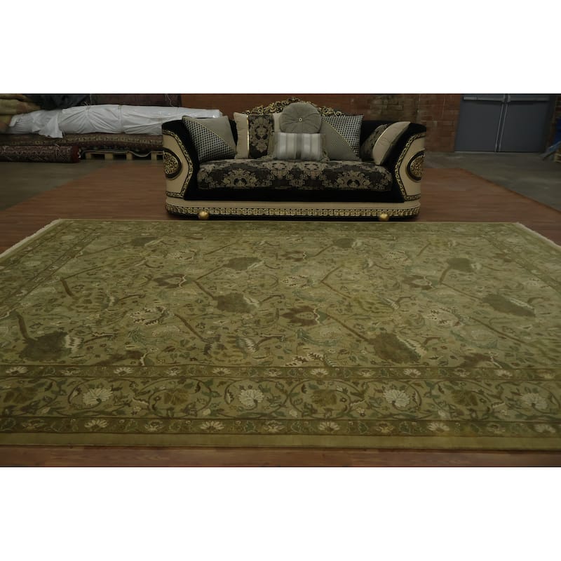 Hand Knotted Oriental 100% Wool Carpet Traditional Traditional Green Agra Area Rug - 13' 10'' X 10' 0''