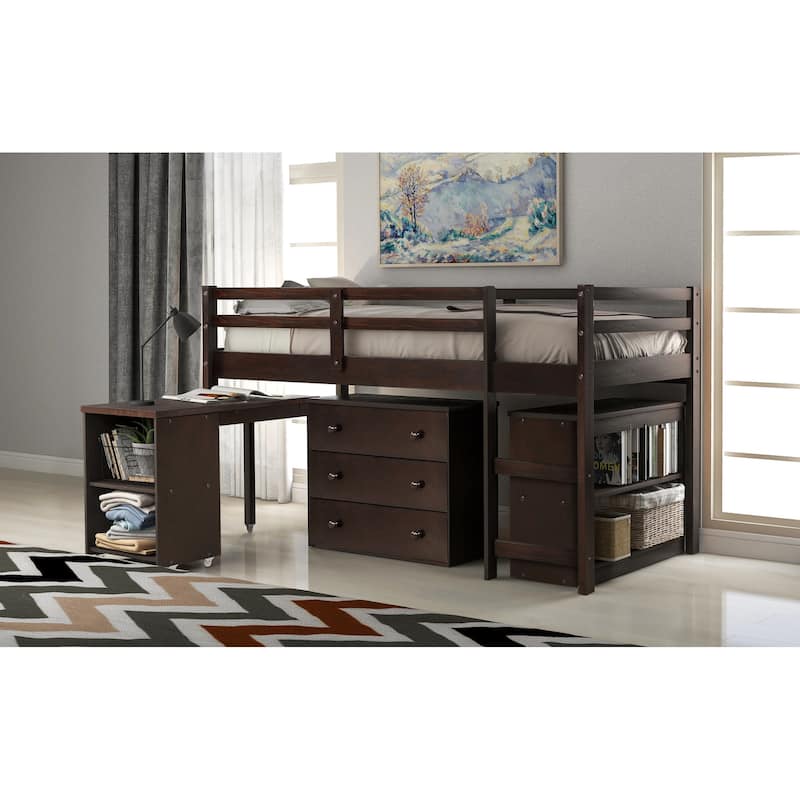 Compact Twin Loft Bed with Storage Drawers and Rolling Desk in Espresso
