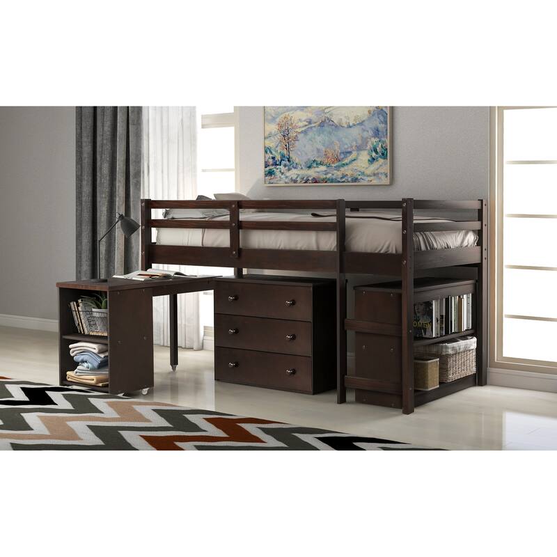 Twin/Full Size Low Loft Bed with Cabinet and Mobile Desk, Space-Saving Design