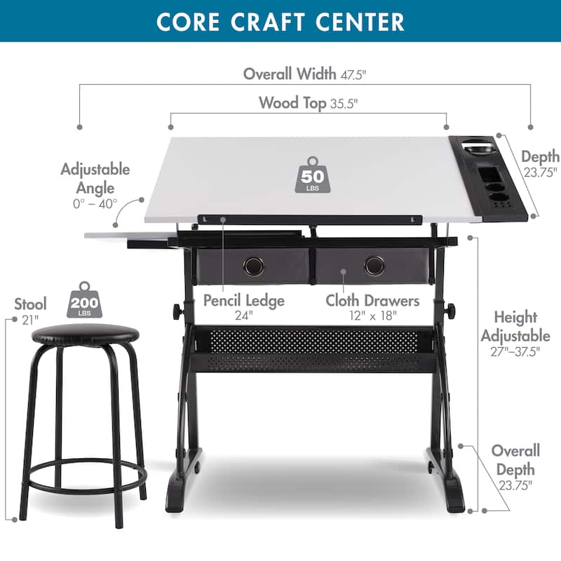 Core Craft Center, 2 piece Drawing, Drafting and Craft Table with Stool, Gunmetal-Gray/White