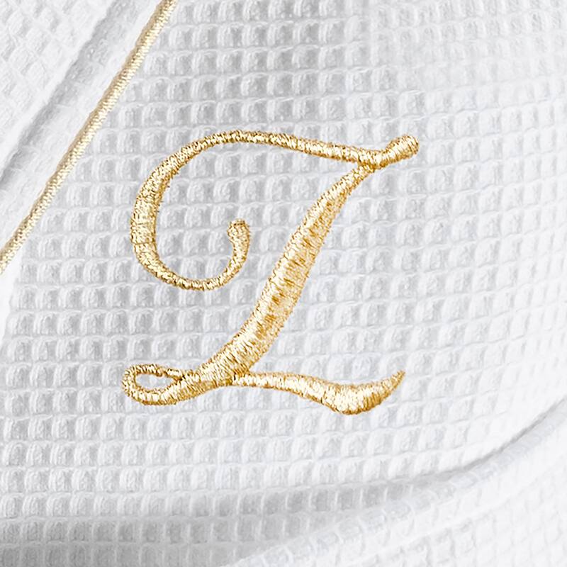 Authentic Hotel and Spa White/Gold Unisex Turkish Cotton Waffle Weave Terry Bath Robe with Gold Script Monogram - S/M - Z