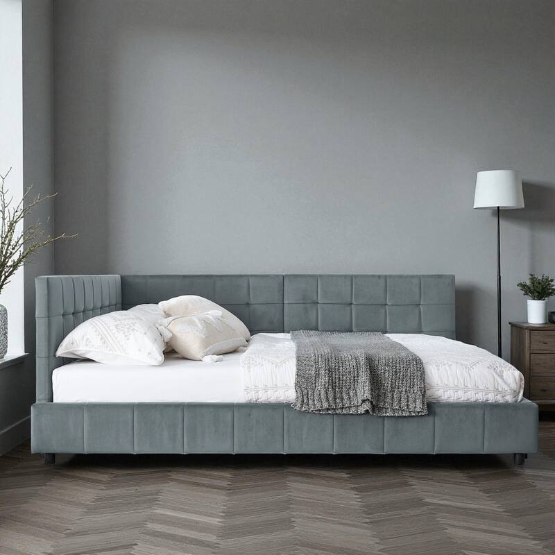 Full Size Velvet Upholstered Tufted Daybed Frame with Backrest and Armrest, Mid-Century Sofa Bed for Bedroom or Living Room