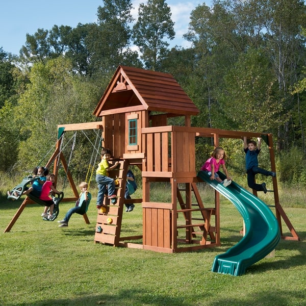 slide 2 of 10, Swing-N-Slide Wood Cedar Brook Wood Swing Set with Monkey Bars