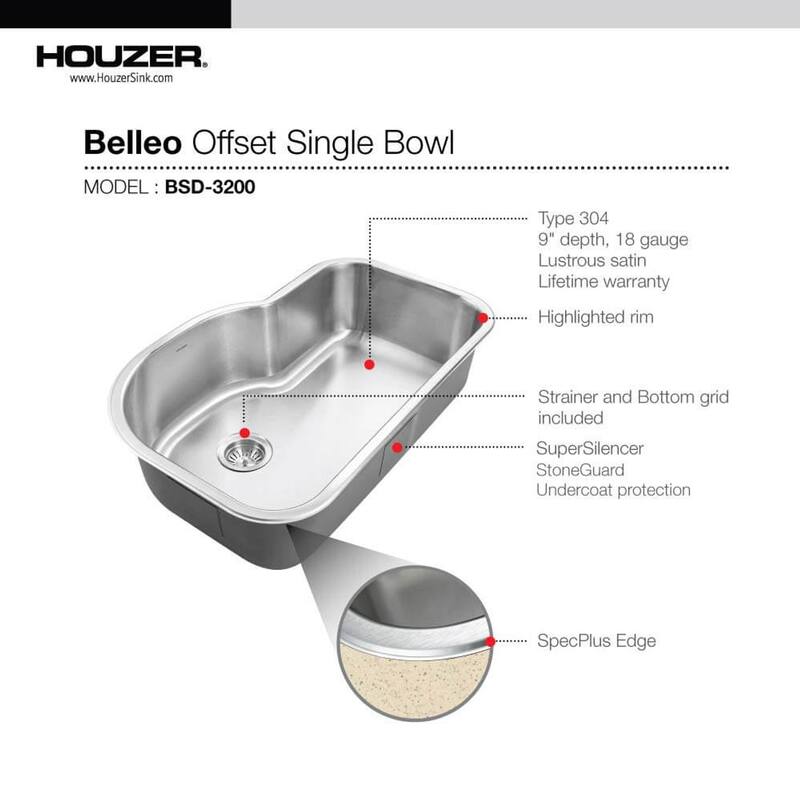 Houzer Belleo 32 inch Stainless Steel Drop-in Topmount Single Bowl Offset Kitchen Sink with Strainer & Grid