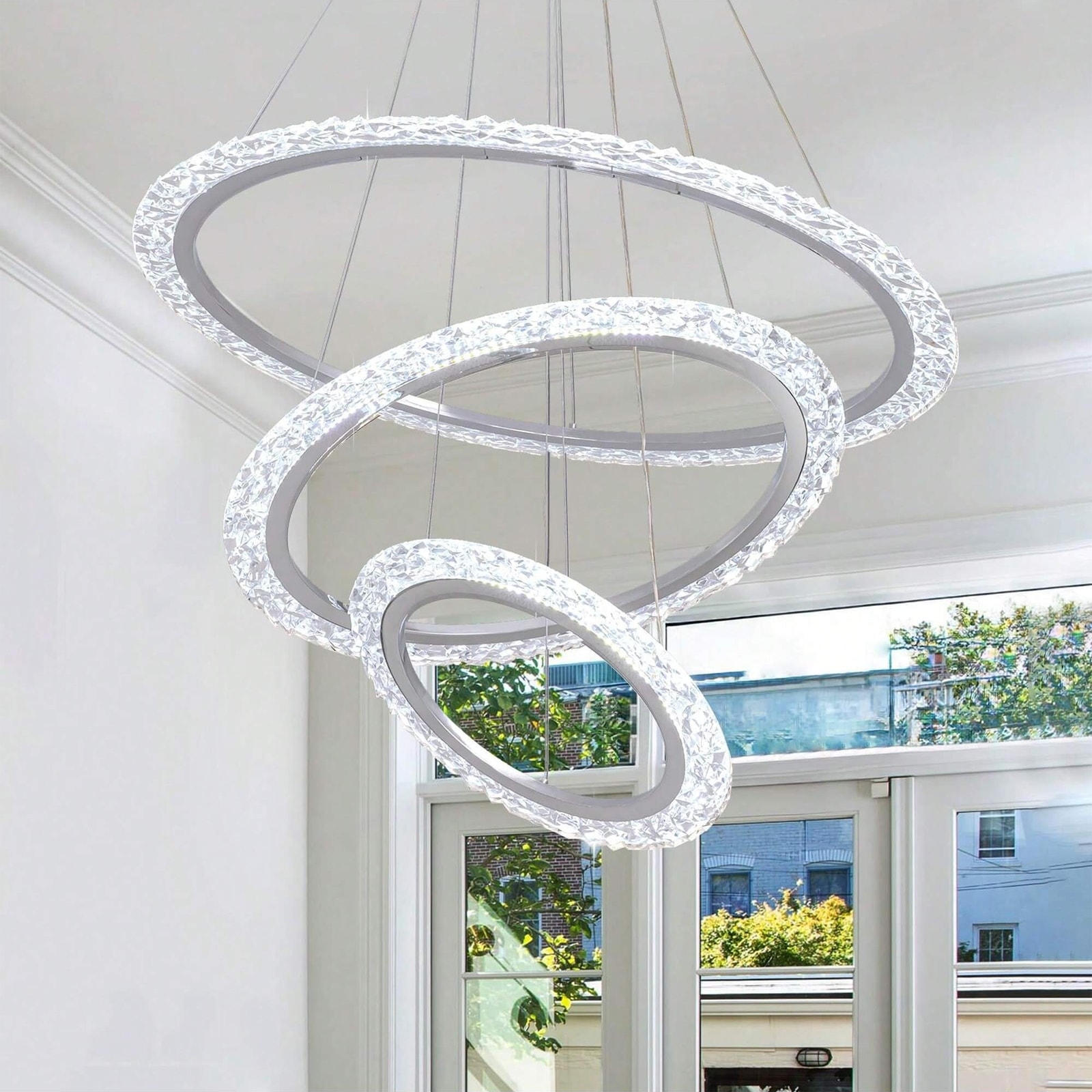 Modern Crystal Dimmable LED Chandelier, 31.5 Inch 3 Rings Silver Round Adjustable Pendant Light