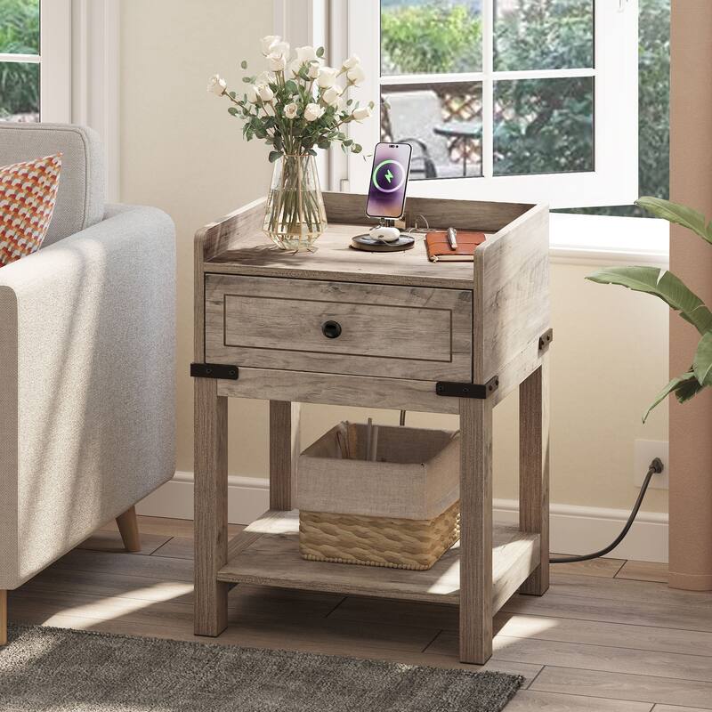 Moasis Farmhouse End Table with Charging Station, USB Ports and Outlets