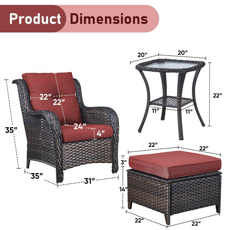 Pocassy 5-Piece Patio Furniture Wicker Chairs with Ottomans & Table