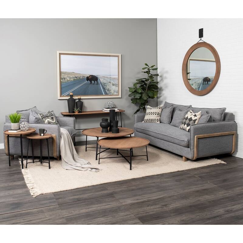 Helios III Round Medium Brown Solid Wood w/ Black Iron Base Nesting Tables
