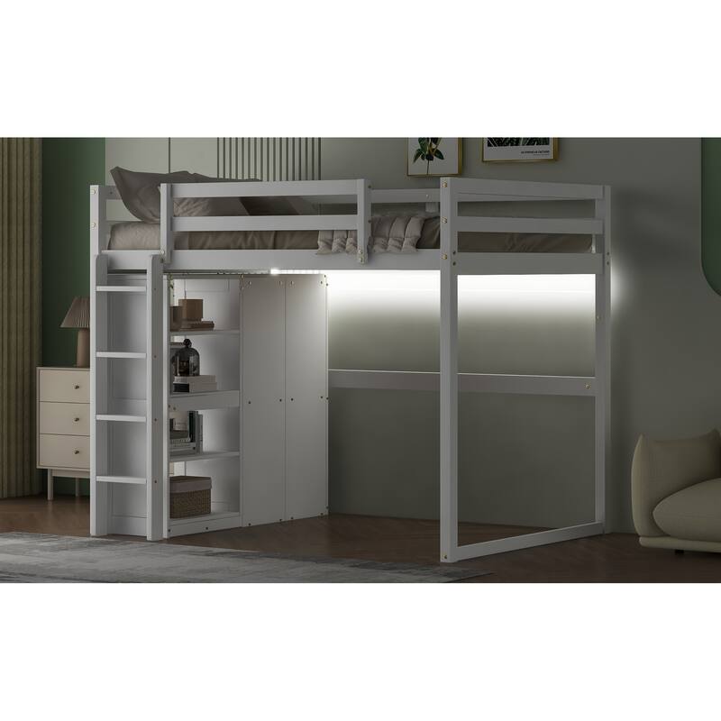 Full Size Loft Bed with Wardrobe, Storage Shelves, and LED Light in White