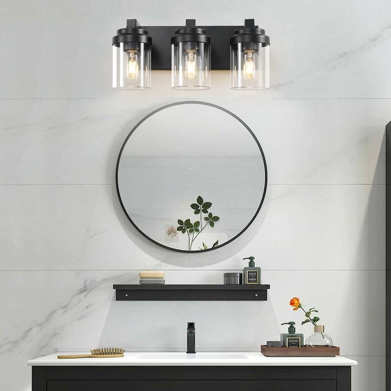3 Light Bathroom Vanity Light, Matte Black Bathroom Light Fixtures with Clear Glass Shade, Vanity Light Fixtures Over Mirror