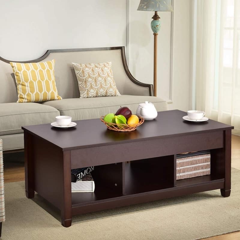 Brown Wood Lift Top Coffee Table with Adjustable Height and Hidden Storage for Living Room