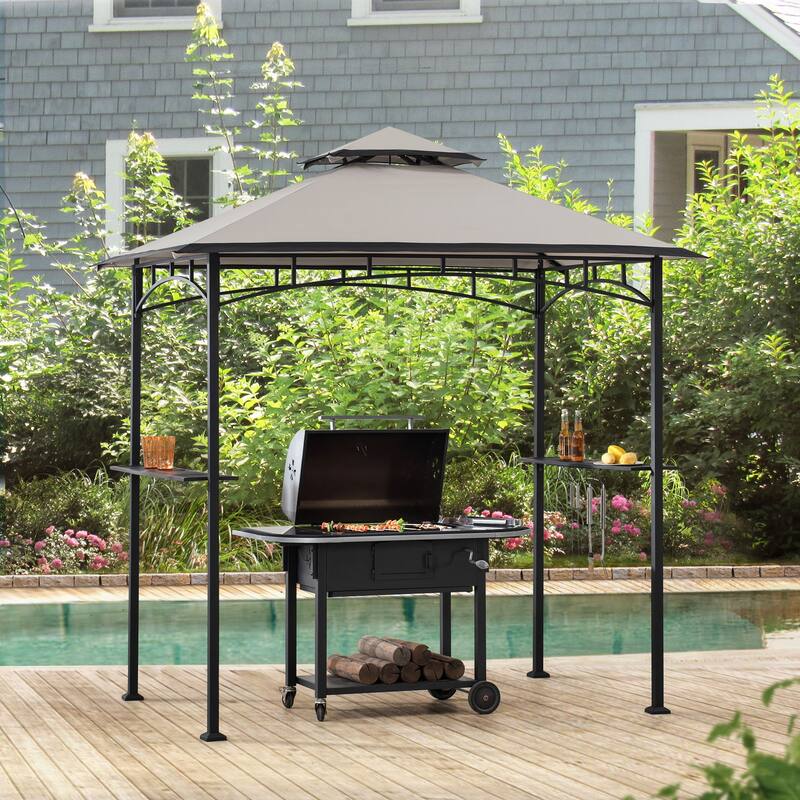 Sunjoy 5 Ft. x 8 Ft. Black Steel 2-Tier Grill Gazebo with Gray and Black Canopy