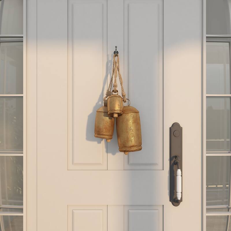 Gold, Gray, Bronze, Black or Red Metal Tibetan Inspired Decorative Cow Bells with Jute Hanging Rope (Set of 3)