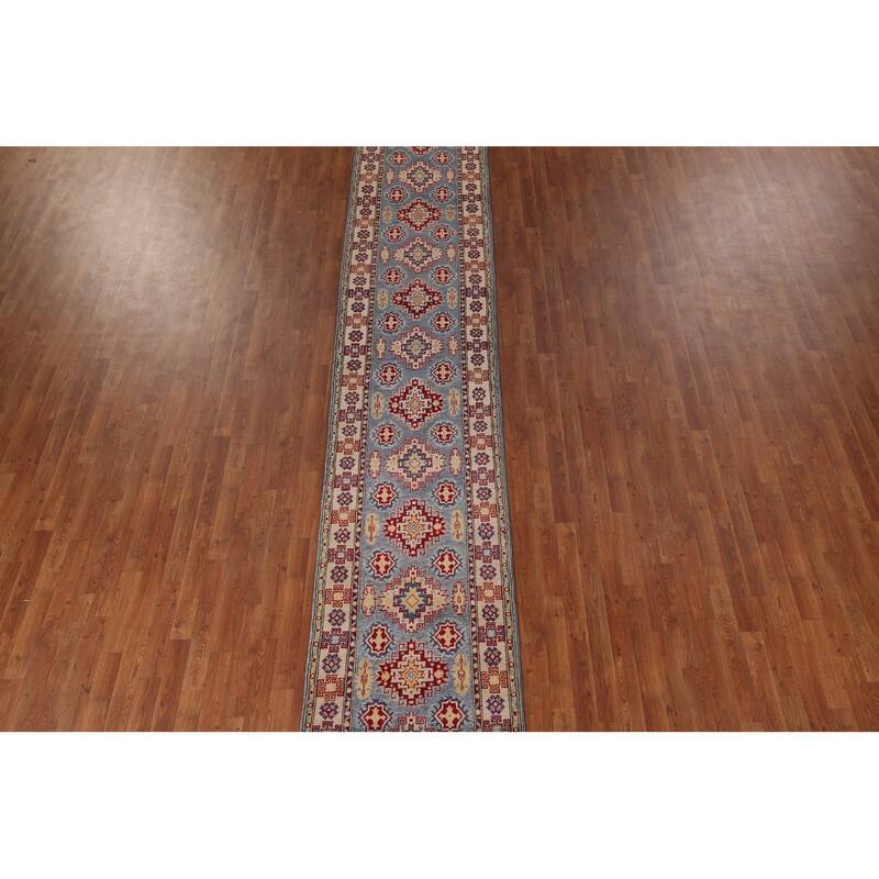Blue Geometric Kazak Runner Rug Hand-Knotted Wool Carpet - 2'9" x 15'11"